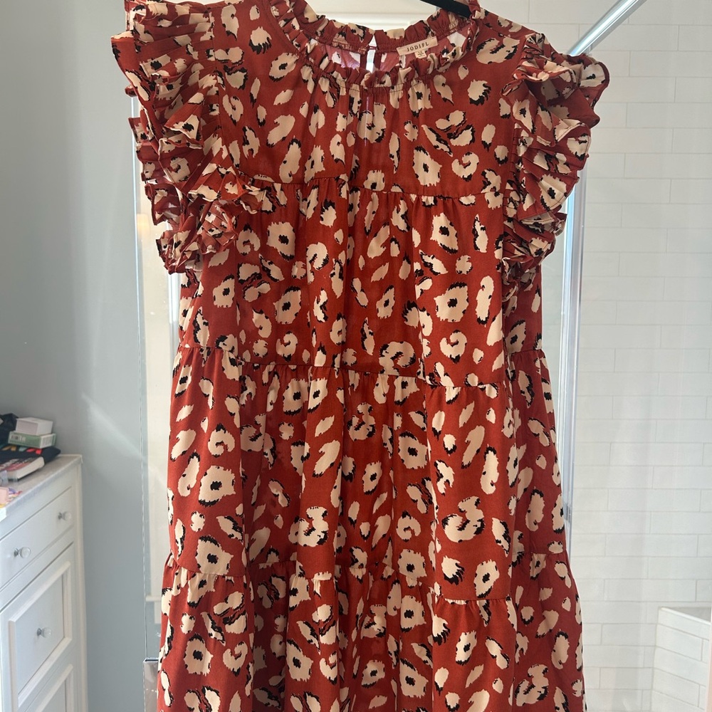 JODIFL Women’s Floral Ruffle Dress - Red and Cream